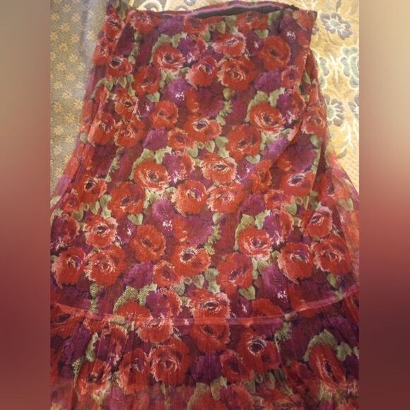 Elastic Waist Floral Print Mesh Overlay Mid Length Skirt - Picture 9 of 9